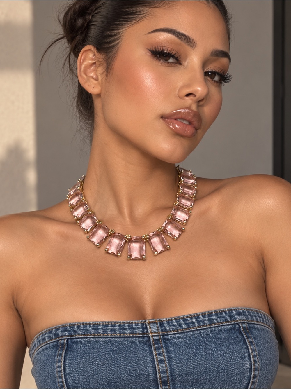 Statement Pink Gemstone Choker Necklace in Gold